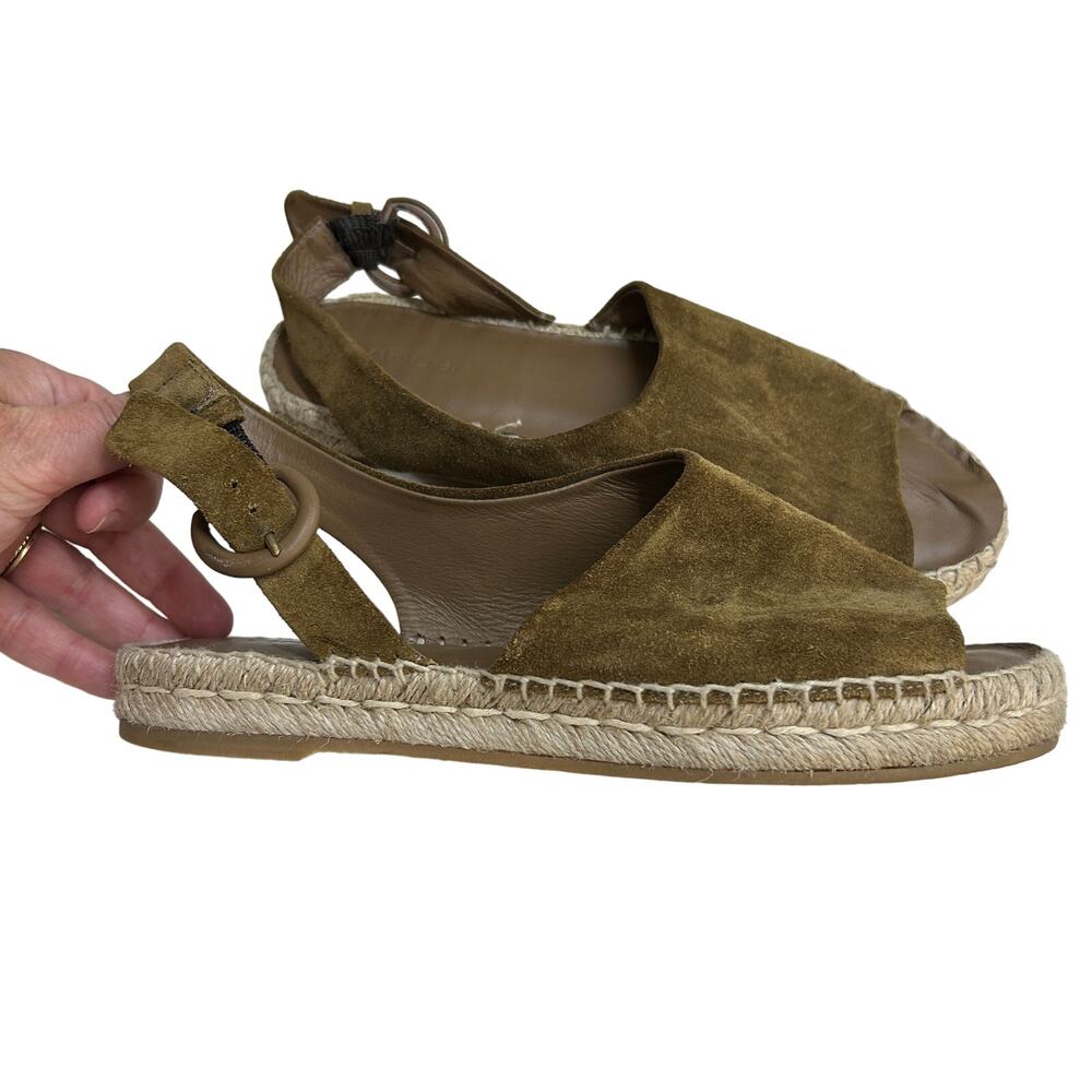 Vince Size 8.5 Olive Green Espadrille Sandal Shoe Suede Leather Flats Slingback